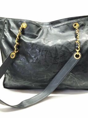 CHANEL Black Leather Tote with Gold Chain-Detail Straps